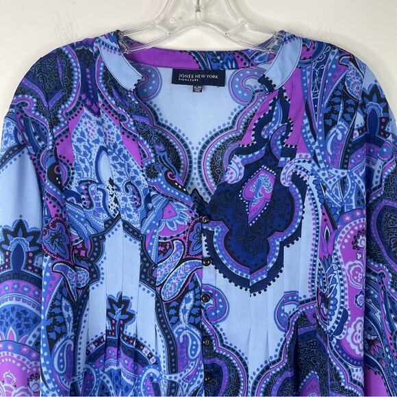 Jones NY blue purple pleated chiffon lightweight abstract button front top XL - Picture 2 of 7